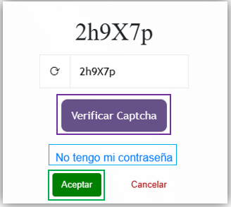 Vista previa de opciones 'No tengo contraseña' y 'Aceptar'